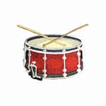 A red Drum Patches (3-Pack) Music Embroidered Iron On Patch Applique with sticks on a white background.