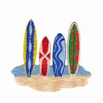 Four Surfboards in Sand (2-Pack) Iron On Patch embroidered on a piece of sand.