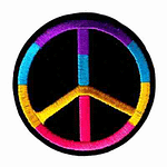 A Rainbow Peace Sign on Black Felt (2-Pack) Iron On Patch embroidered on a black background.