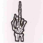 A Skeleton Middle Finger Iron on Patch embroidered on a white background.