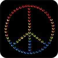 A Medium Rhinestud 3" Diameter Peace Sign Iron On Applique is shown on a black background.