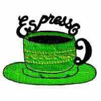 A green Cup of Espresso in Green or Tan Iron On Patch with the word espresso on it.