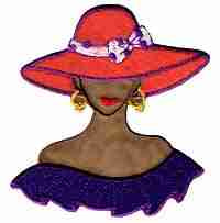 An image of a Tan Red Hat Lady with Purple Shoulder Flounce Iron On Patch - Large.
