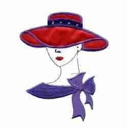 A woman wearing a Red Hat Lady Satin Hat with Bling Iron On Patch - Large and purple bow.