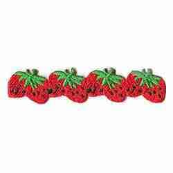 A row of embroidered A Yard of Strawberries Fruit Iron On Patches on a white background.