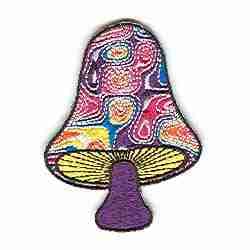 A colorful Swirly Magical Mushroom iron on patch on a white background.
