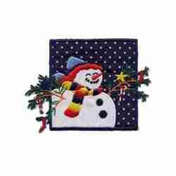 A Christmas Snowman Square Iron On Holiday Patch on a blue background.