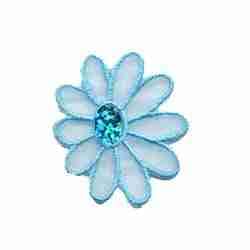 A Small Sparkle Daisy in Light Blue Floral Iron on Patch with crystals on it.