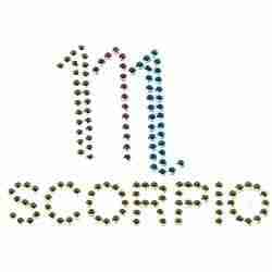The word Scorpio is spelled out with Rhinestud Scorpio Zodiac Sign Iron On Applique.
