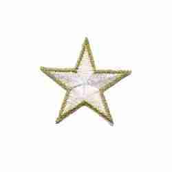 A 1.5 Inch Gold Trimmed Embroidered Star Iron On Patch - White on a white background.