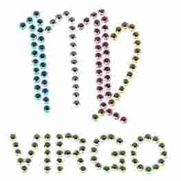 The word virgo is spelled out in Rhinestud Virgo Zodiac Sign Iron On Applique.