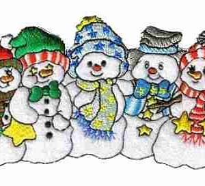 A group of Christmas Holiday 5 Snowbuddies Snowmen Iron On Patch wearing hats and scarves.