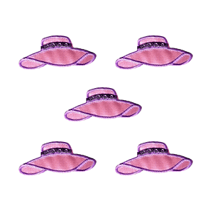 Four Pink Hat Lady Jeweled Hat Patches (5-Pack) Fashion Embroidered Iron On Patch - Small on a white background.