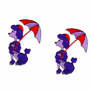 A pair of Poodle Patches with umbrellas.