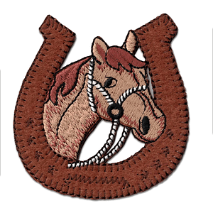 A Horseshoe with Horse Head in Center iron on patch on a white background.