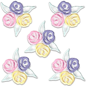 Pastel Rose Bud Patches (5-Pack) Flower Embroidered Iron On Patches Appliques in pastel colors on a white background.