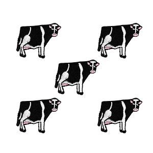 Four Tiny Cow Patches (5-Pack) Farm Animal Embroidered Iron On Patch Appliques standing on a white background.