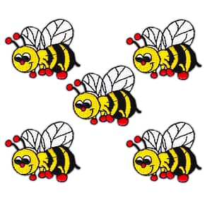 Four Bee Patches (5-Pack) Insect Embroidered Iron On Patch Appliques on a white background.
