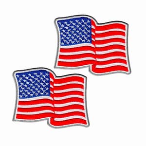 Two Waving USA Flag Patches (2-Pack) American Flag Embroidered Iron On Patch Appliques on a white background.