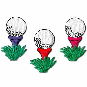 Three Golf Ball On Tee Patches (3-Pack) Golf Embroidered Iron On Patch Applique: Multiple Colors on a tee.