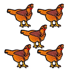 A group of Small Chicken Patches (5 Pack) Farm Animal Embroidered Iron On Patch Appliques standing on a white background.