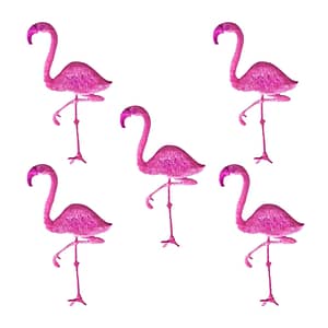 Small Flamingo Patches (5-Pack) Bird Embroidered Iron On Patch Appliques standing in a row on a white background.