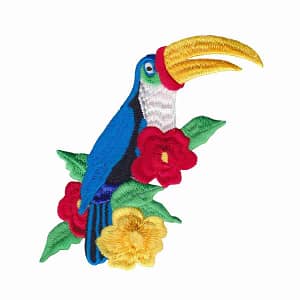 A Toucan Bird in Flowers Iron On Patch embroidered on a flower.