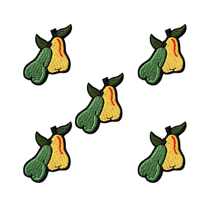 Four Pears Patches (5-Pack) Fruit Embroidered Iron on Patch Appliques on a white background.