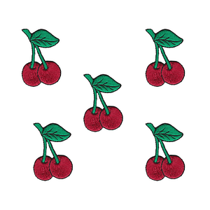 Five Double Cherries Patches (5-Pack) Fruit Embroidered Iron on Patch Appliques with leaves on a white background.