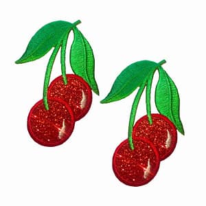 Two Glittered Cherries Patches (4-Pack) Fruit Embroidered Iron On Patch Appliques on a white background.