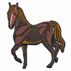 A Trotting horse Iron on Patch embroidered on a white background.