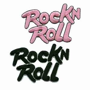 Two Rock N Roll Embroidered Script Iron On Patches: Pink or Black on a white background.