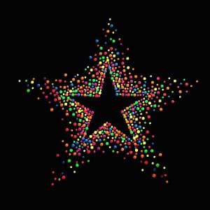A Large 7.5" Rhinestone Starburst Iron On Applique: Multiple Colors made of colorful dots on a black background.