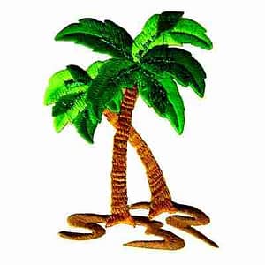 Two Medium Double Glitter Palm Tree iron on Patches on a white background.