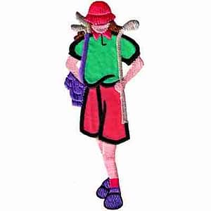 A girl wearing a Lady Golfer with Golf Clubs Iron On Golf Patch and carrying a backpack.