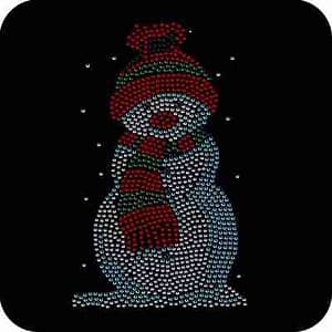 A Cute Rhinestud Snowman Iron On Holiday Applique with a scarf and hat on a black background.