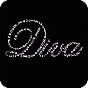 The Diva script in Clear Rhinestones Iron on Applique on a black background.