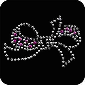 A Silver and Purple Rhinestone Bow Iron On Applique on a black background.