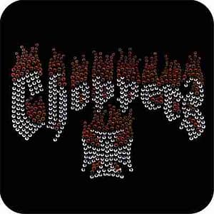 A black and white image of the word Choppers Iron Cross Applique Large Rhinestone Hotfix Design on a black background.