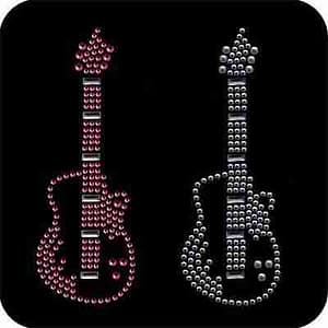 Two Rhinestud Electric Guitar Musical Iron On Appliques: Pink or Silver on a black background.