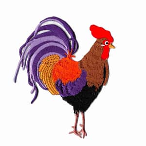 A Colorful Rooster Iron On Patch - 2 Sizes! with purple and orange feathers.