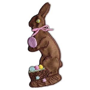 A brown bunny holding a basket of Jessica Galbreth Zodiac Cancer Sign Iron on Patch.