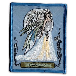 A patch with an image of the Jessica Galbreth Zodiac Cancer Sign Iron on Patch.