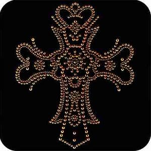 A Gold Gothic Cross Rhinestuds Iron On Religious Applique with rhinestones on a black background.