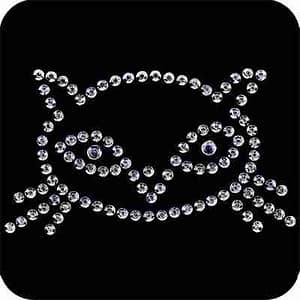 An image of a Cat Face Applique with Rhinestone Eyes Rhinestud Iron On Applique on a black background.