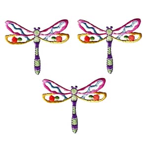 A set of Dragonfly Patches (3 Pack) Insect Embroidered Iron On Patch Appliques on a white background.