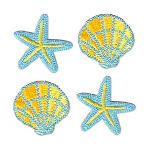 Sea Shell & Star Fish Iron On Patch Set embroidered on a white background.