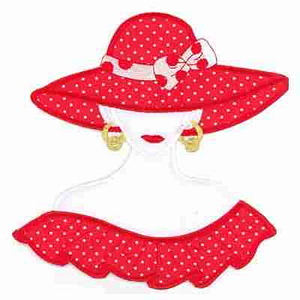 A woman wearing a Red Hat Lady w/White Polka Dots Iron On Patch - Large and polka dot dress.