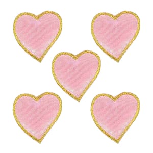 Four Pink Heart Patches (5-Pack) Heart Embroidered Iron on Patch Applique on a white background.