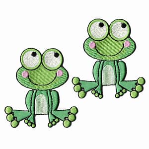 Two Frog Patches (2 Pack) Animal Embroidered Iron on Patch Appliques sitting on a white background.